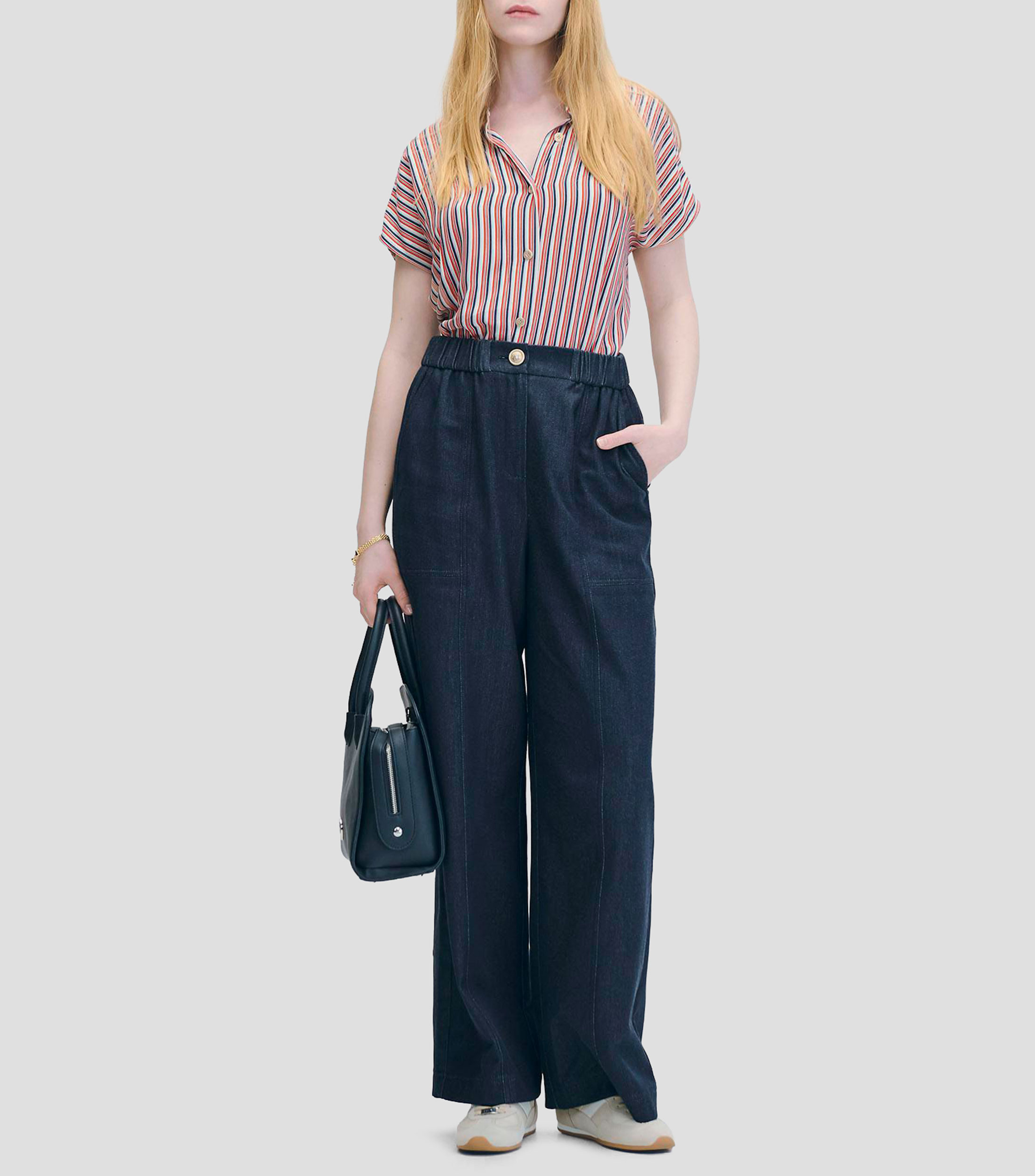 Pantalón Tipo Denim Wide Leg Tiro Alto Pretina Enresortada Mujer